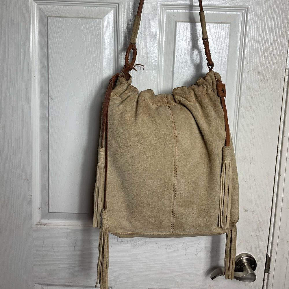 Lucky Brand leather suede Khaki drawstring with sides tassels large shoulder bag